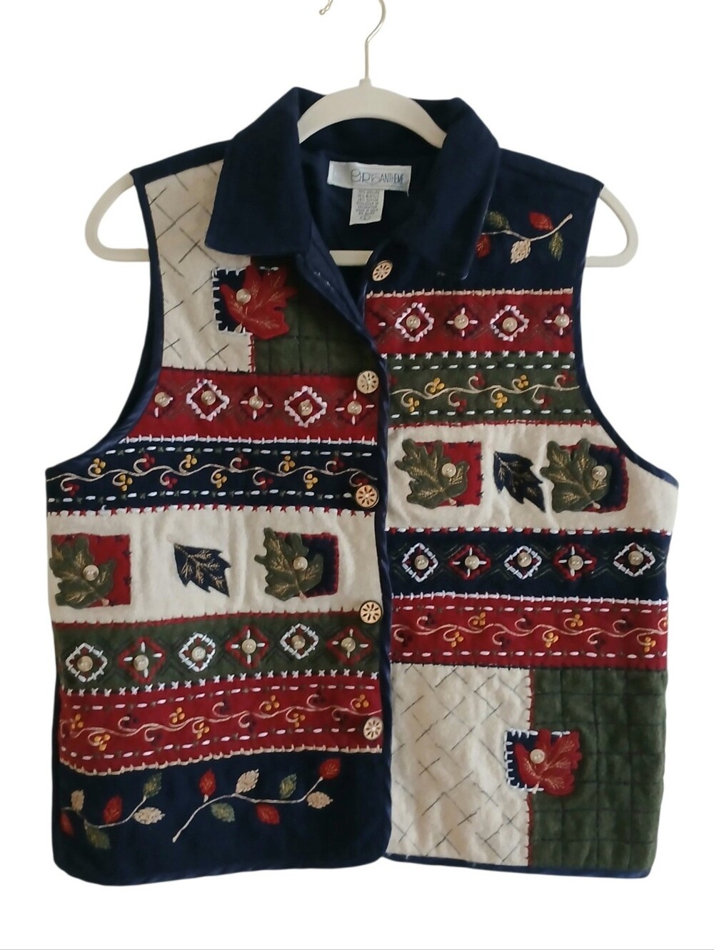 VINTAGE Patchwork Wool Button Up Vest Women's L Felted Teacher Red White Blue